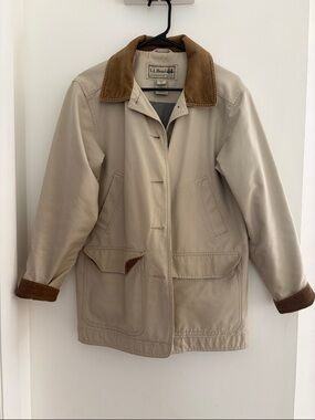 L.L. Bean Women's Beige Chore Coat with Brown Corduroy Trim